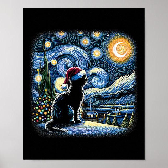 Affiche Van Gogh Starry Chat de nuit Funny Chat noir Chris (Devant)