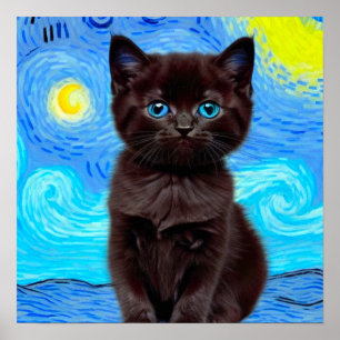 Affiche Van Gogh Starry Night Black Cat