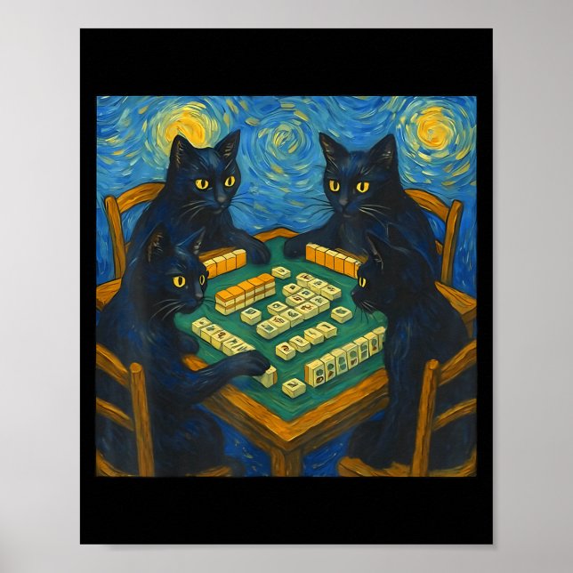 Affiche Van gogh starry night cat playing mahjong chinese (Devant)