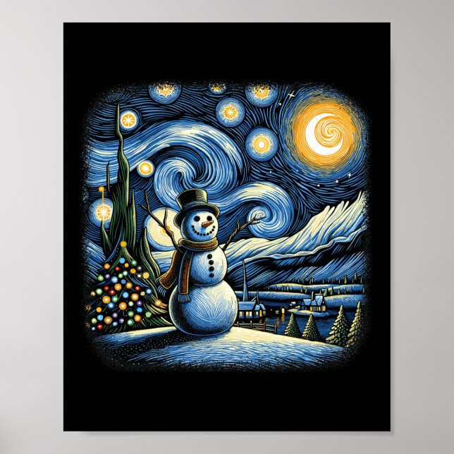 Affiche Van Gogh Starry Nuit Noël Snowman hiver Sno (Devant)