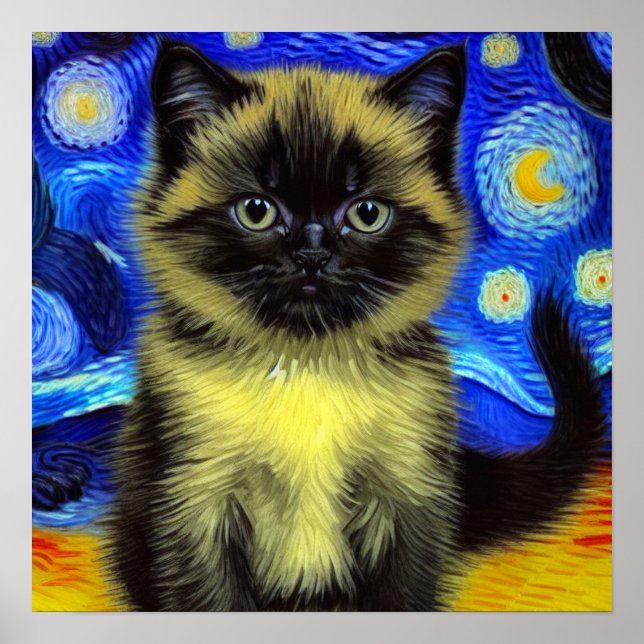 Affiche Van Gogh Starry Nuit Siamese Cat (Devant)