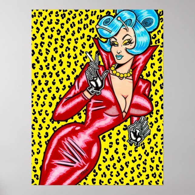 Affiche Vana DeVinyl™/Robe vinyle rouge/ Léopard jaune (Devant)