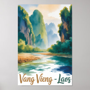 Affiche Vang Vieng Laos Peinture Aquarelle Vintage