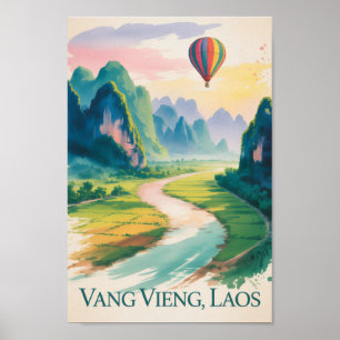 Affiche Vang Vieng Laos Peinture Aquarelle Vintage