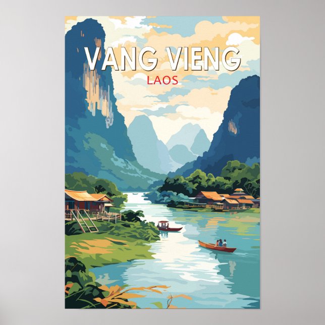 Affiche Vang Vieng Laos Voyage Art Vintage (Devant)