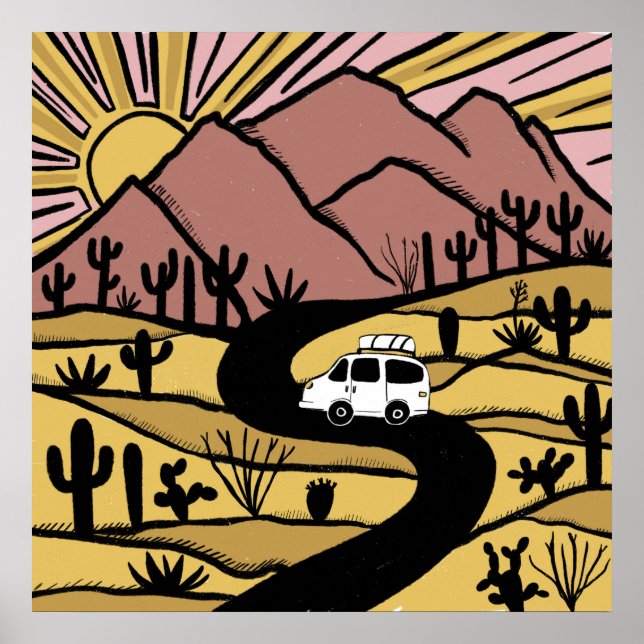 Affiche VANLIFE Desert Cacti Mountain Explore Adventure (Devant)