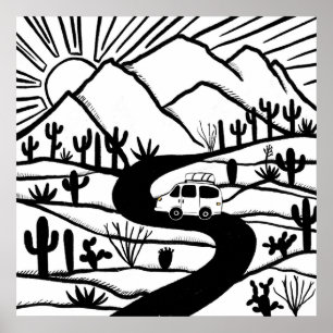 Affiche VANLIFE Désert Cactus Montagne Explorez l'aventure