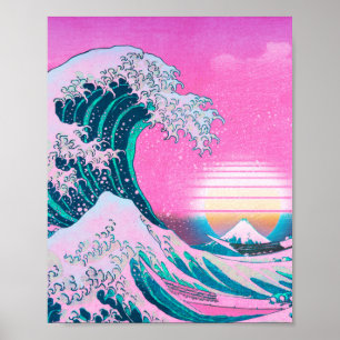 Affiche Vaporwave Aesthetic Great Wave Off Kanagawa Sunset
