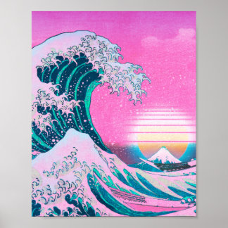 Affiche Vaporwave Aesthetic Great Wave Off Kanagawa Sunset