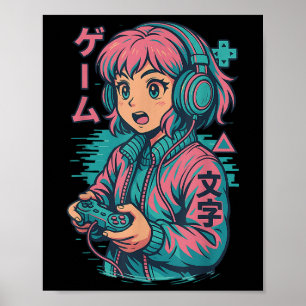 Affiche Vaporwave Gamer Girl Japonaise Art Anime Manga gra