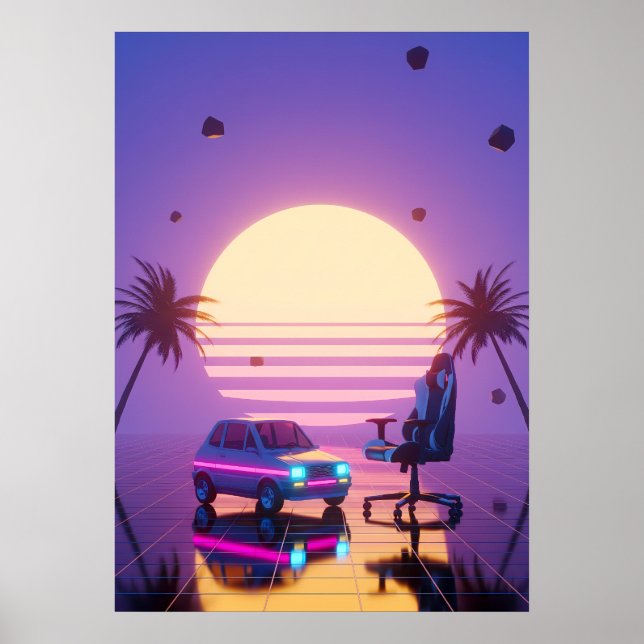 Affiche Vaporwave Rétro Voiture et Fauteuil de Gaming (Devant)