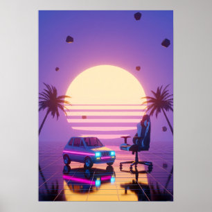 Affiche Vaporwave Rétro Voiture et Fauteuil de Jeu
