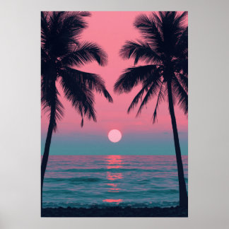 Affiche Vaporwave Sunset Palm Trees – Aesthetic Beach Wall