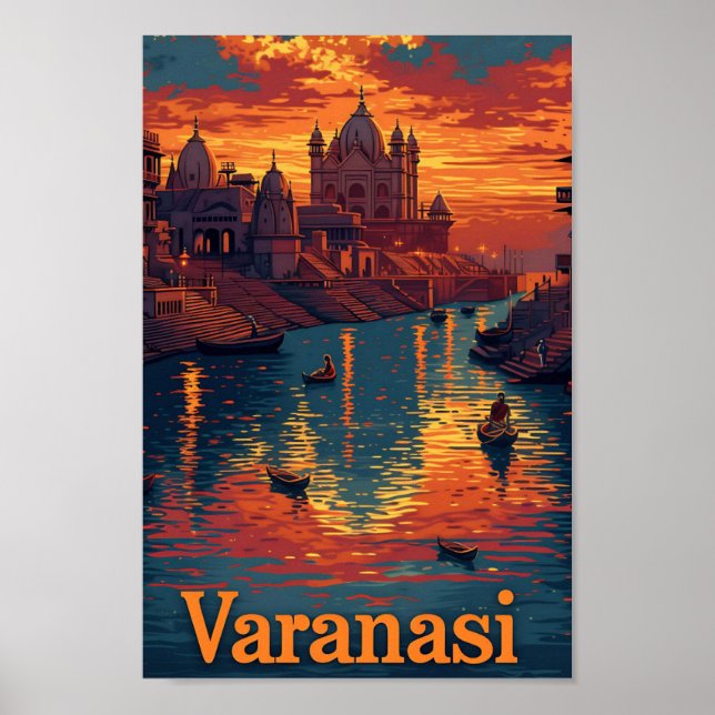 Affiche Varanasi Inde Art Vintage Illustration de voyage (Devant)