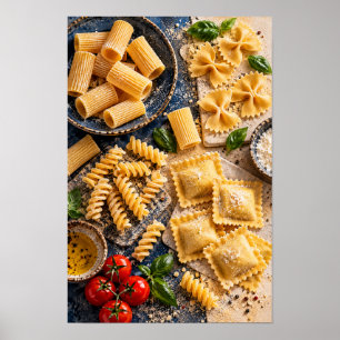 Affiche Variété de pâtes italiennes avec du basilic frais