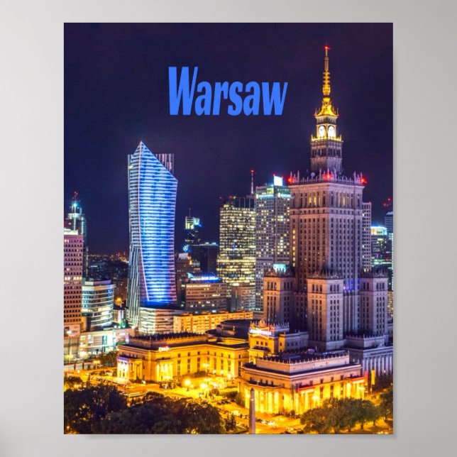 Affiche Varsovie Pologne Nuit Skyline Varsovie Spire (Devant)