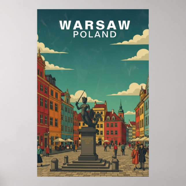 Affiche Varsovie, Pologne Place Historique & Statue de la  (Devant)