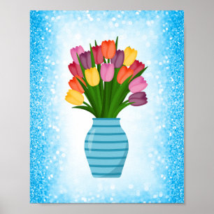 Affiche Vase à fleurs bleues avec tulipes colorées avec bo
