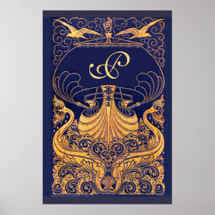 Affiche Vase Antique,Dauphins,Or,Monogramme Bleu Marine