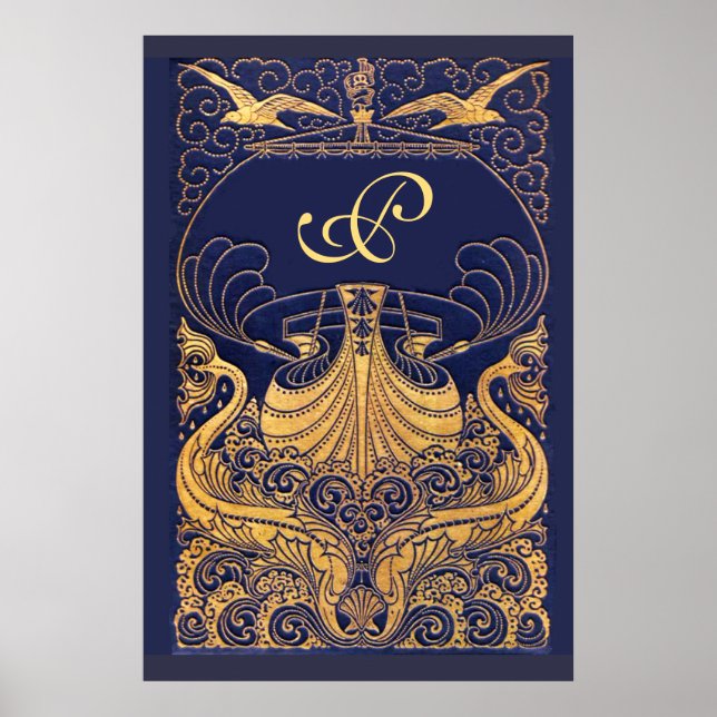 Affiche Vase Antique,Dauphins,Or,Monogramme Bleu Marine (Devant)