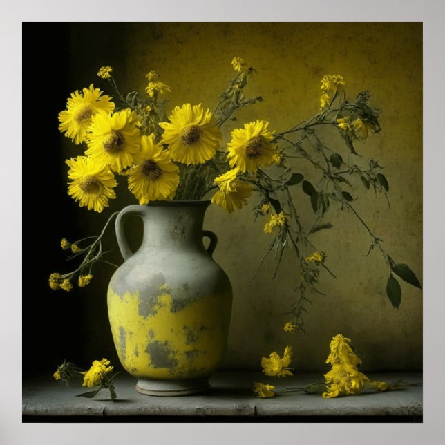 Affiche Vase antique de fleurs jaunes (Devant)