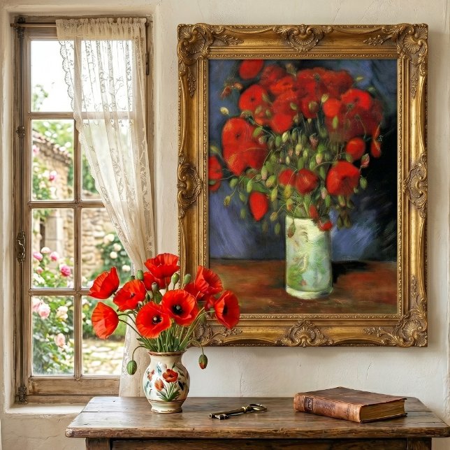 Affiche Vase aux Coquelicots Rouges par Vincent van Gogh (Vase with Red Poppies by Vincent van Gogh is a vintage fine art post impressionism still life floral)