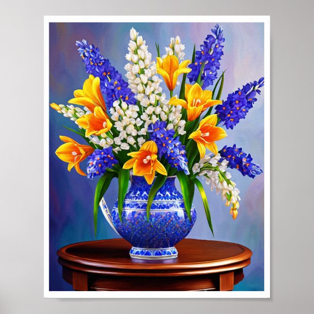 Affiche Vase Bleu Superbe Tulipes Orange Art Imprimer Post (Devant)