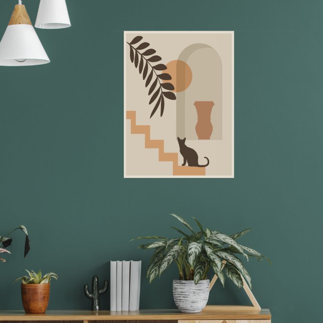 Affiche Vase Chat Feuille d'escalier, Art Géométrique Abst (Salon 1)