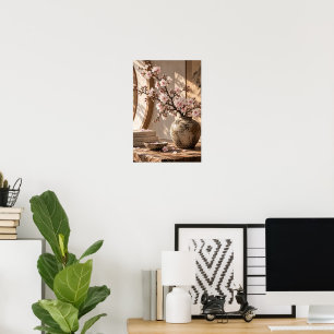 Affiche Vase de Fleur de Cerisier Rose Élégant Vintage – R