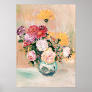 Affiche Vase de roses et dahlias, art floral