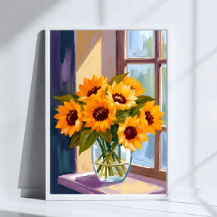 Affiche Vase de tournesols   Bouquet floral jaune aquarell