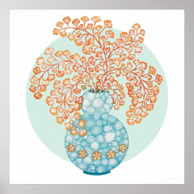 Affiche Vase d'eau turquoise Feuille ocre jaune (Devant)