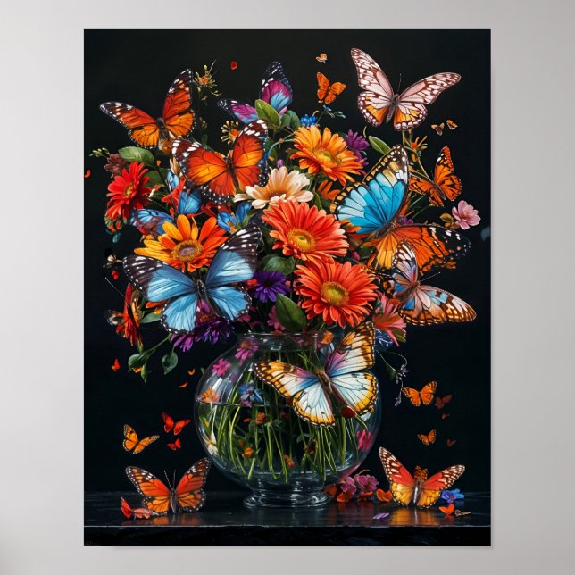 Affiche Vase en verre avec papillons et fleurs colorés. (Devant)