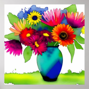 Affiche Vase et fleurs à l'aquarelle vibrant
