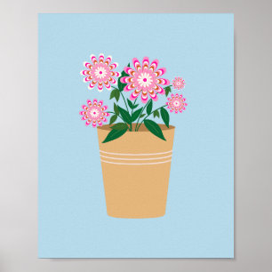 Affiche Vase Fleur Rose Et Bleu Preppy