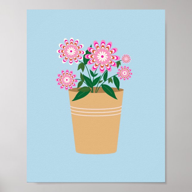 Affiche Vase Fleur Rose Et Bleu Preppy (Devant)