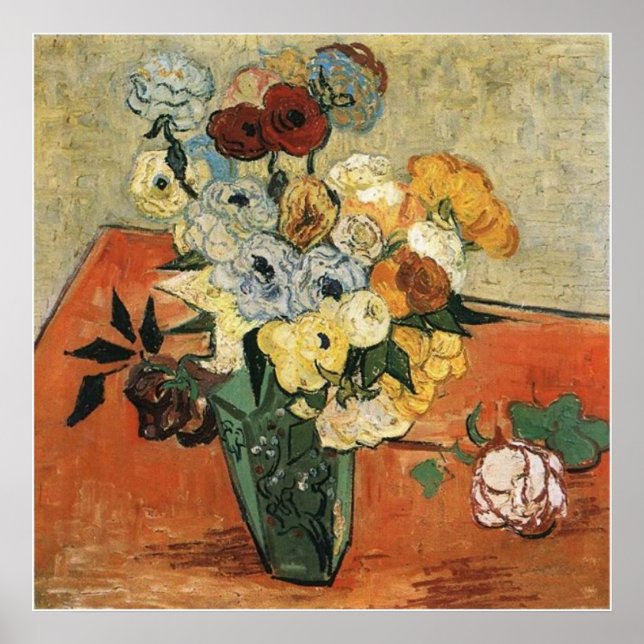 Affiche Vase japonaise de Still Life avec Roses et anémone (Devant)