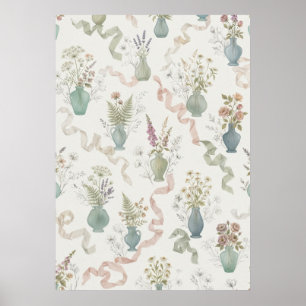 Affiche Vases de fleurs sauvages pastel motif ruban fluide
