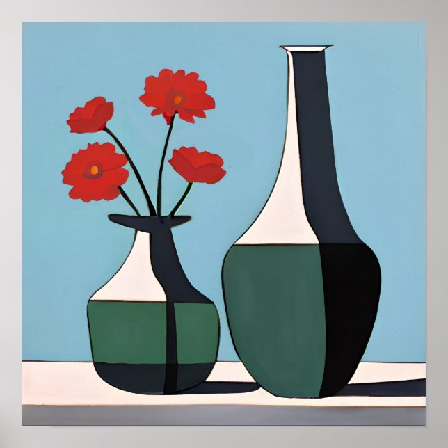 Affiche Vases noirs et blancs avec fleurs rouges (Devant)