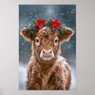 Affiche Veau dans la neige avec un couronne de poinsettias