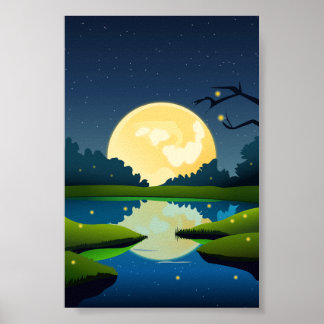 Affiche Vector Moonlight Heure de nuit Paysage Arrière - p