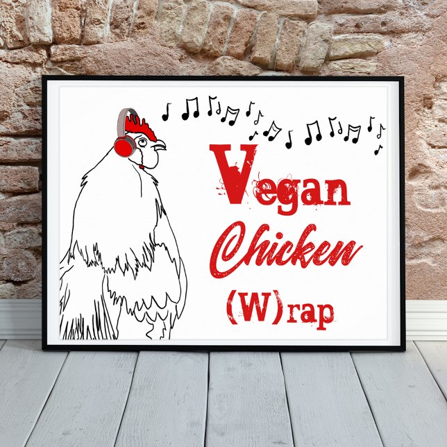 Affiche Vegan poulet W rap musique drôle Citation coq (Funny rooster rap music joke. Simple farm chicken line art with musica notes vegan joke)