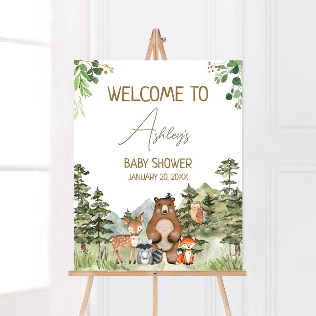 Affiche Végétal Bois Animaux Baby shower Bienvenue (Greenery Forest Animals Baby Shower Welcome Sign)