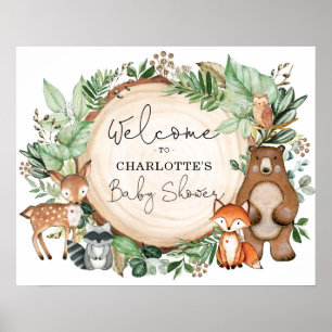 Affiche Végétal mignon Bois Animaux Baby shower Bienvenue