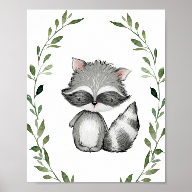 Affiche Végétal Raccoon Bois Animaux Pépinière Mur Art (Devant)