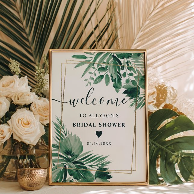Affiche Végétation tropicale aquarelle douche nuptiale bie (Tropical greenery watercolor bridal shower welcome poster)