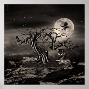 Affiche Vegvisir Tree Moon landscape - sepia