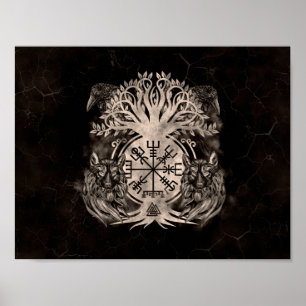 Affiche Vegvisir -Yggdrasil With Ravens & Wolves