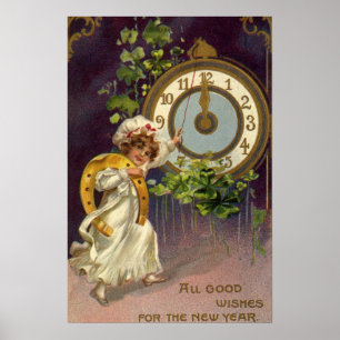 Affiche Veille du Nouvel An victorienne vintage, Horloge à
