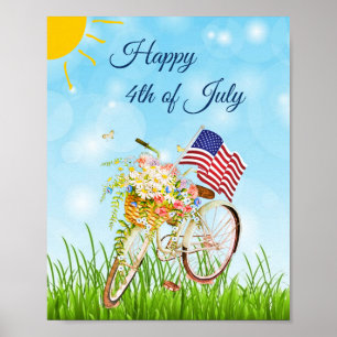 Affiche Vélo du 4 juillet heureux avec drapeau  